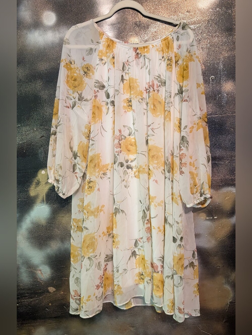 Studio One White Chiffon Floral Midi Dress with Yellow Roses
